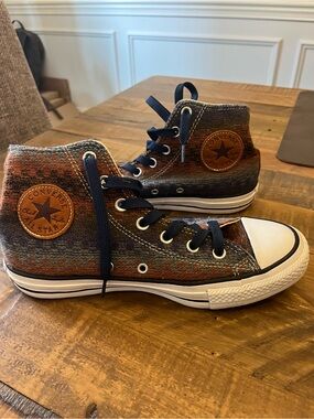 Converse High Top Sneakers in Navy, Orange and Brown Knit